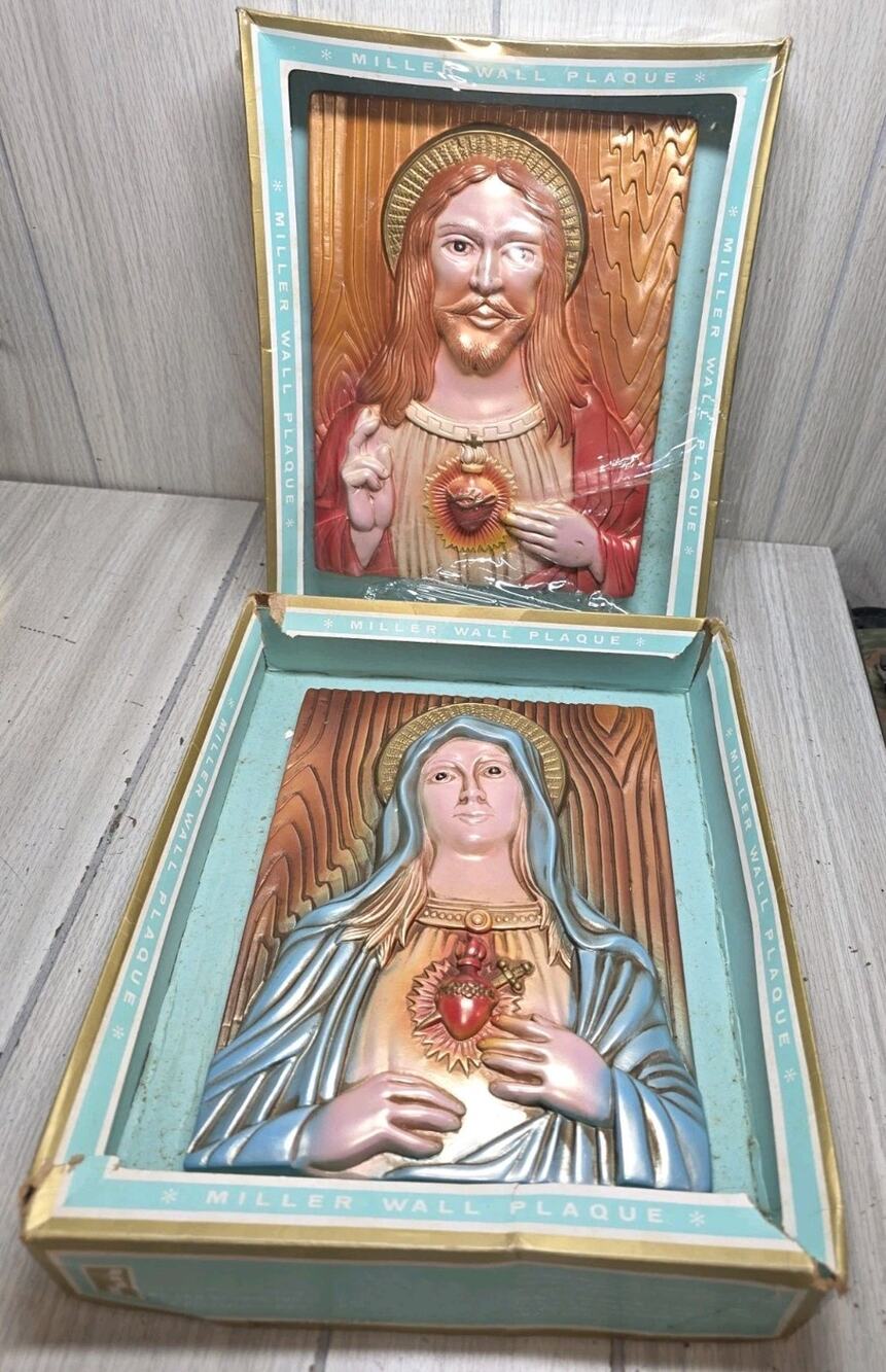 Vtg 1950s Miller Chalkware Sacred Heart Of Jesus & Mary Hand Painted Plaques NIB